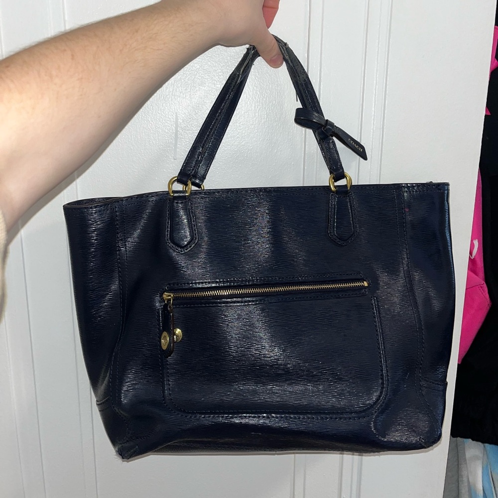 Authentic vintage Coach Navy Tote Bag with Gold Accents